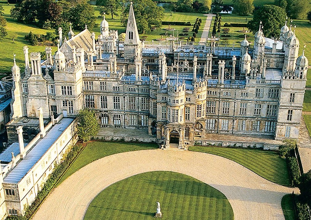 Aerial view of Burghley House Elizabethan mansion and estate in Stamford